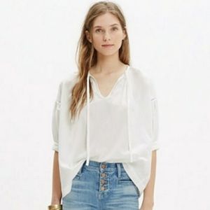 Madewell Cotton White Tie Neck Peasant Blouse